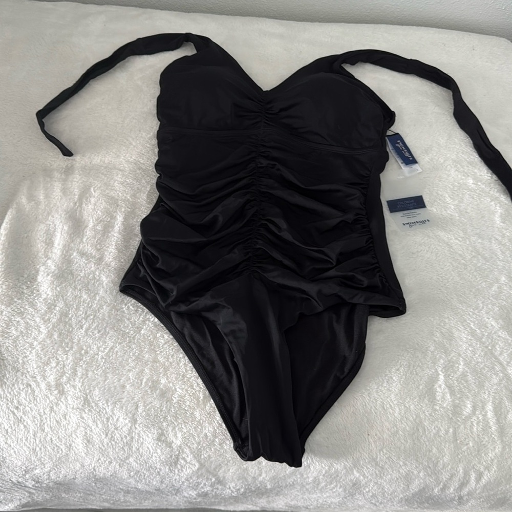 New Black Halter One-Piece Swimsuit ShirredPlunge Swimsuits For All Size 10 - Picture 2 of 5